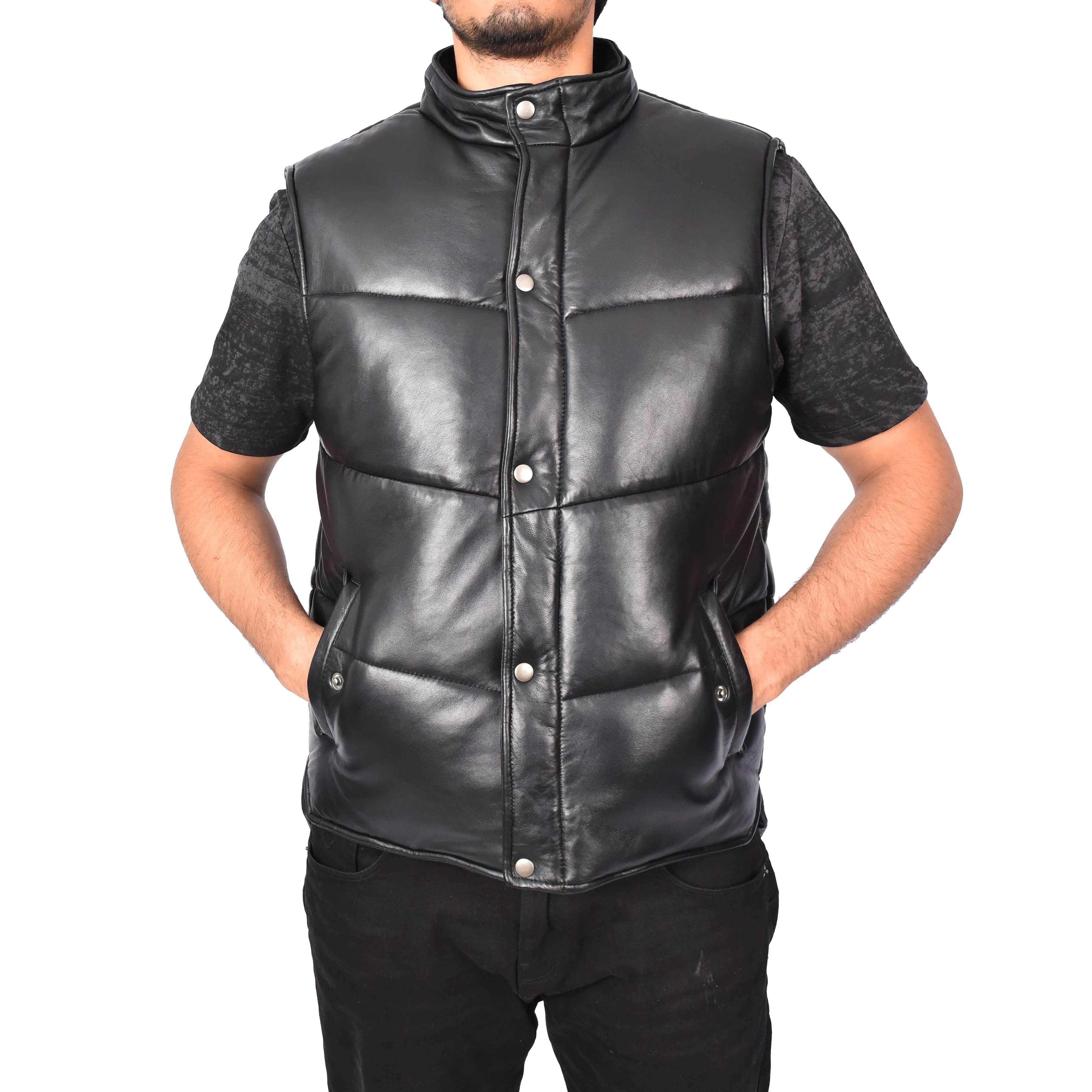 Men's Real Leather Puffer Waistcoat Body Warmer Black Haakon