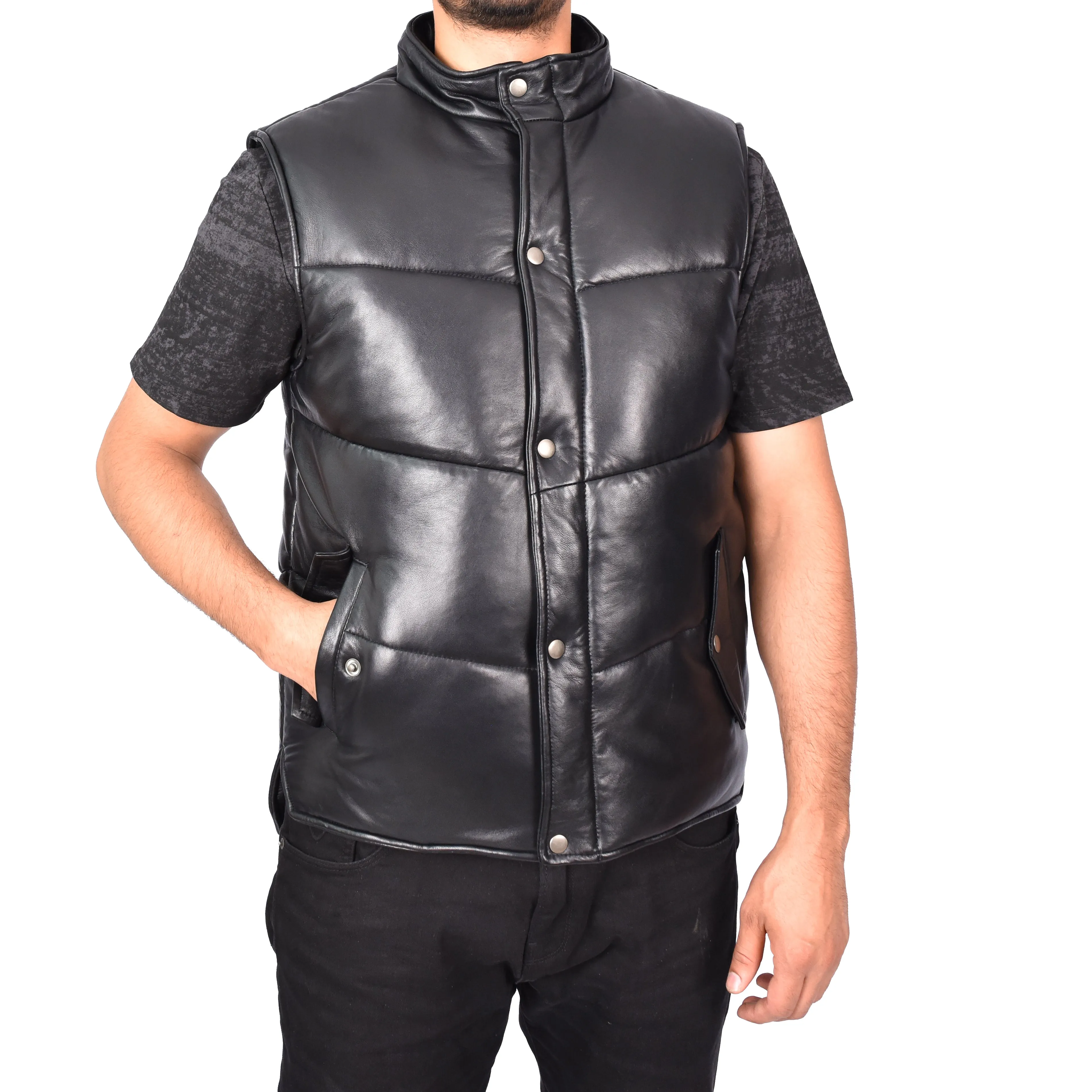 Men's Real Leather Puffer Waistcoat Body Warmer Black Haakon