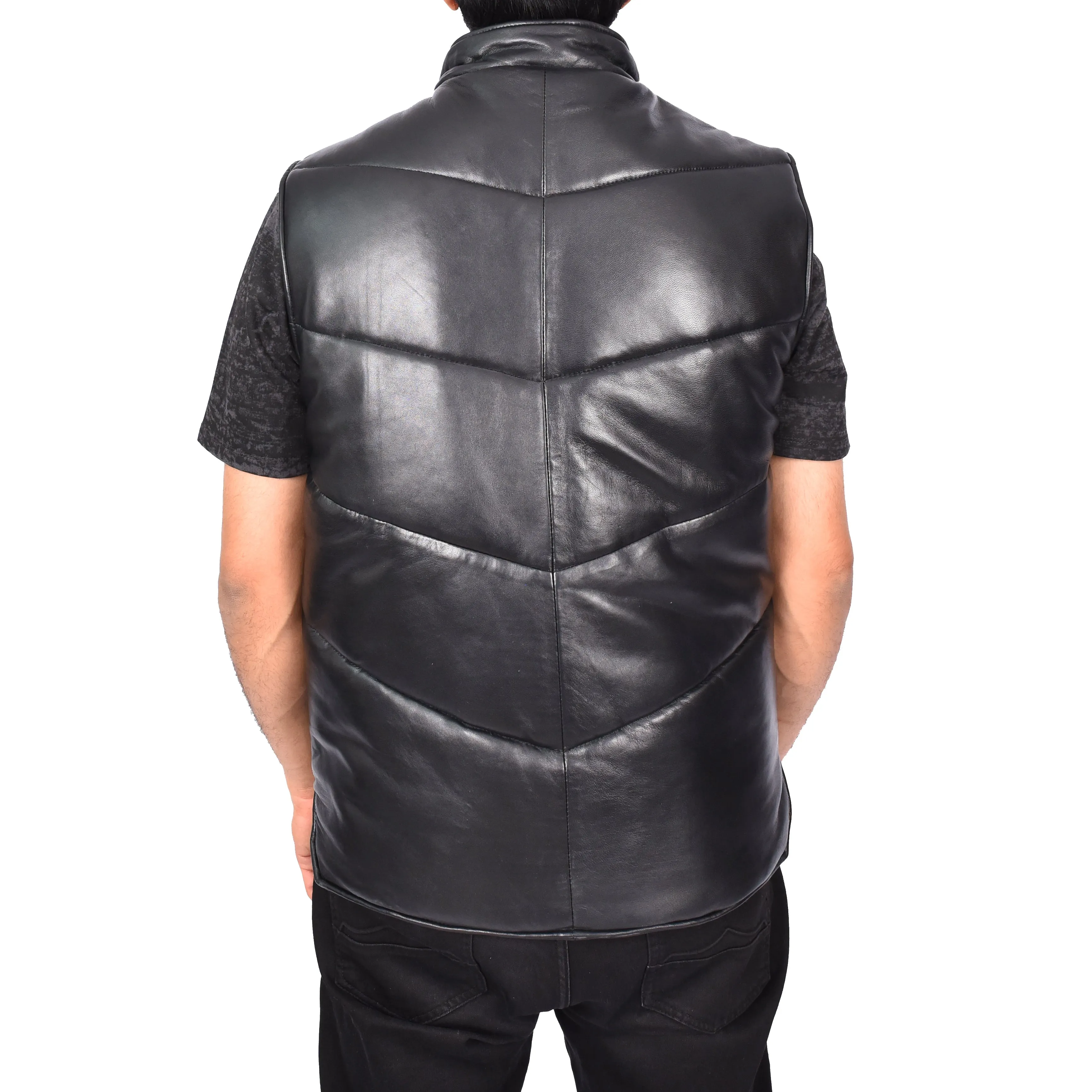 Men's Real Leather Puffer Waistcoat Body Warmer Black Haakon