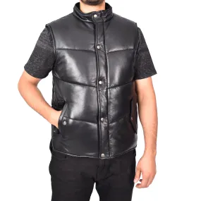 Men's Real Leather Puffer Waistcoat Body Warmer Black Haakon