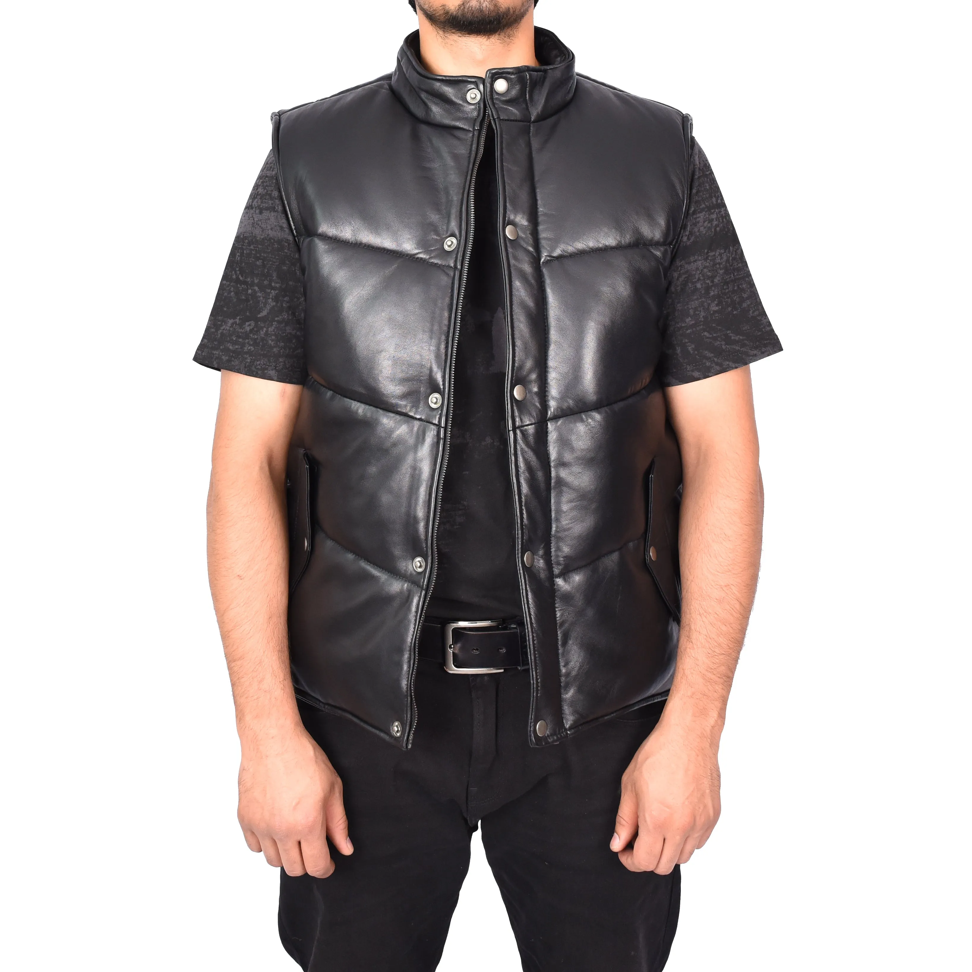 Men's Real Leather Puffer Waistcoat Body Warmer Black Haakon
