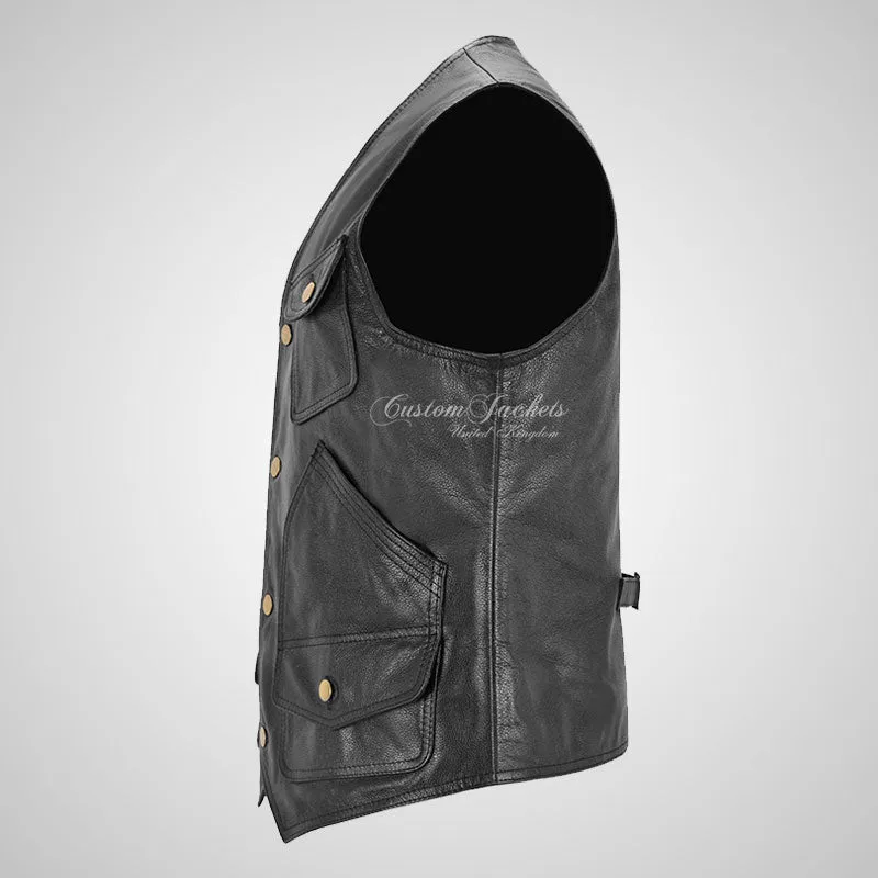 MEX Bikers Leather Vest Black Leather Gilet Waistcoat