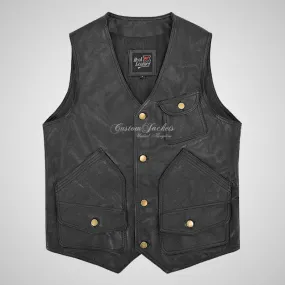 MEX Bikers Leather Vest Black Leather Gilet Waistcoat