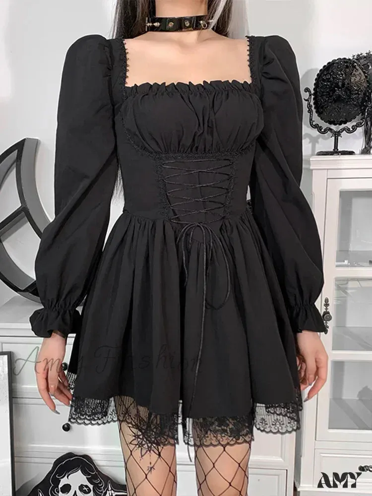 Party Slip Dress Sleeve Satin Sexy Harajuku Puff Spaghetti Square Mini Strap Lace Collar Vintage
