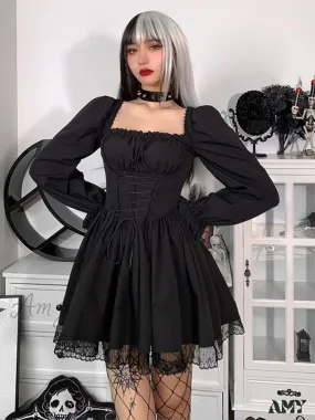 Party Slip Dress Sleeve Satin Sexy Harajuku Puff Spaghetti Square Mini Strap Lace Collar Vintage