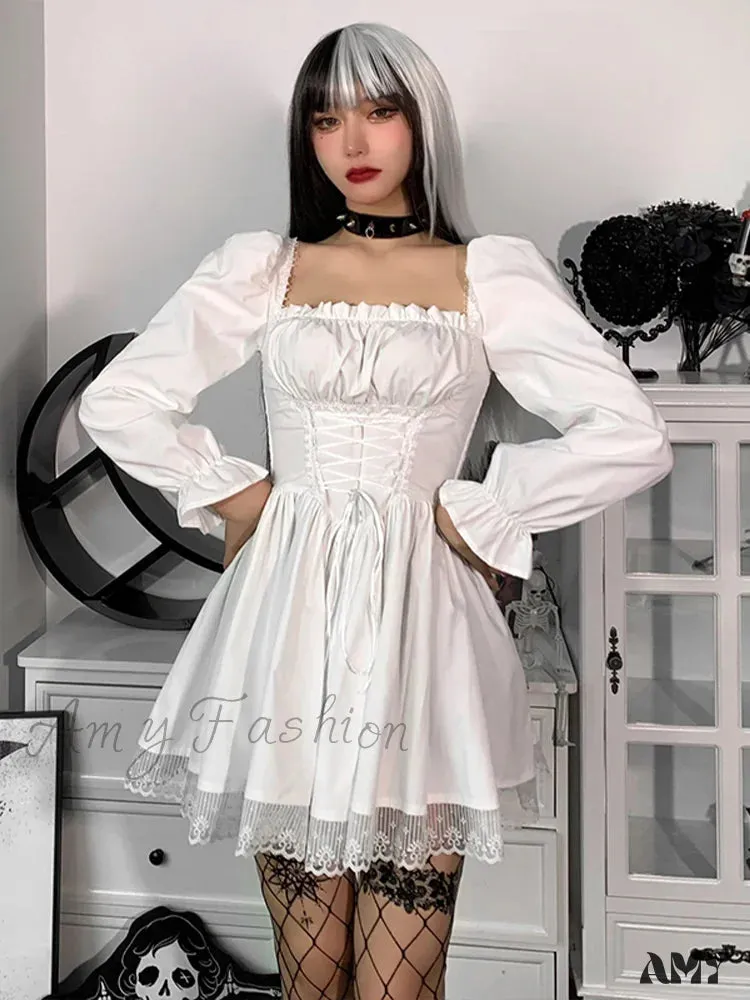 Party Slip Dress Sleeve Satin Sexy Harajuku Puff Spaghetti Square Mini Strap Lace Collar Vintage