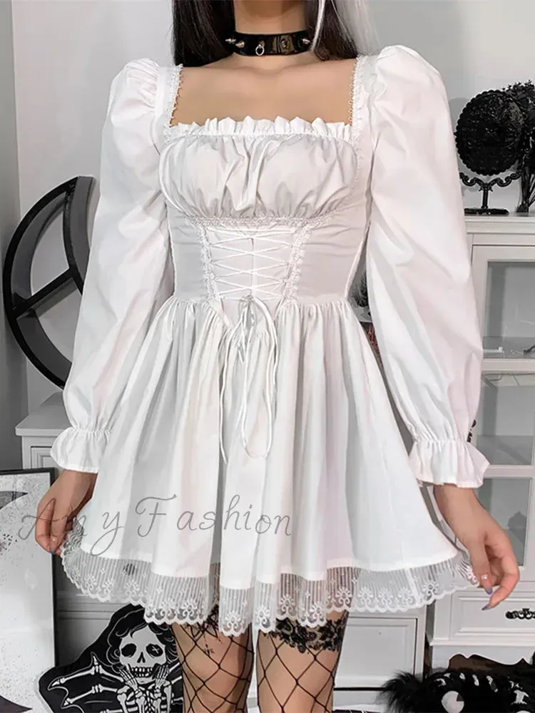 Party Slip Dress Sleeve Satin Sexy Harajuku Puff Spaghetti Square Mini Strap Lace Collar Vintage