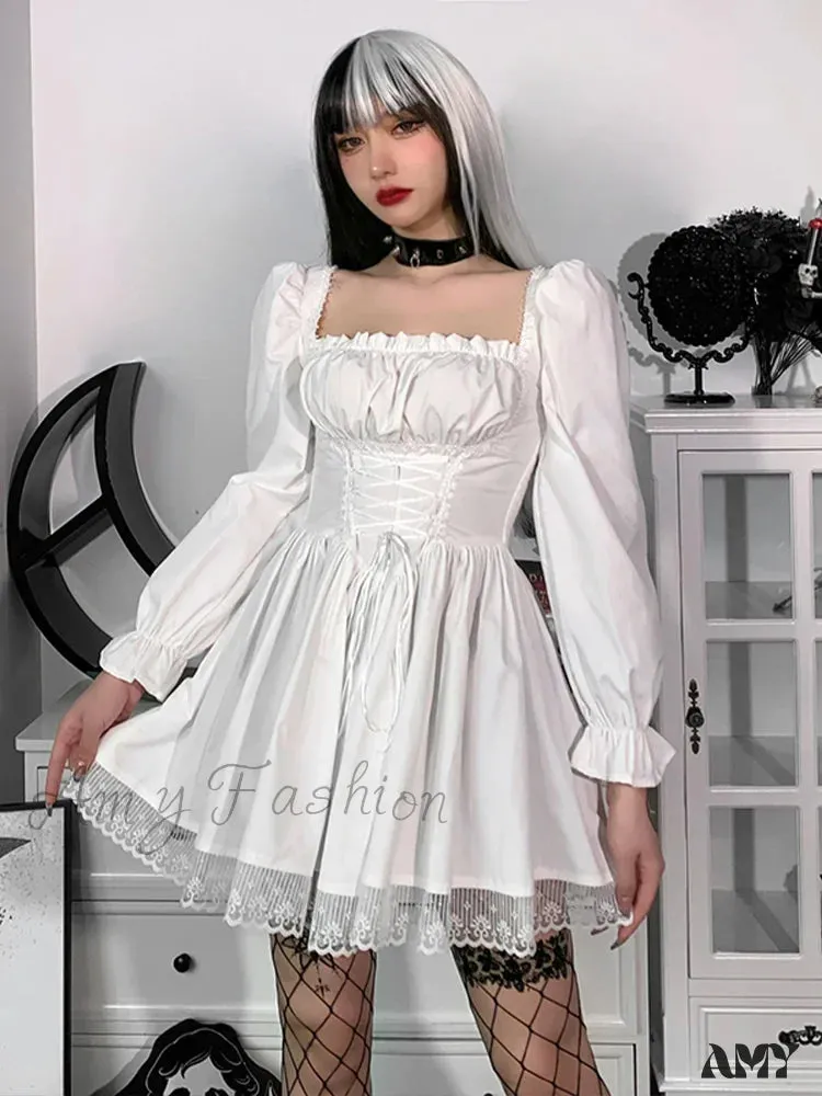 Party Slip Dress Sleeve Satin Sexy Harajuku Puff Spaghetti Square Mini Strap Lace Collar Vintage
