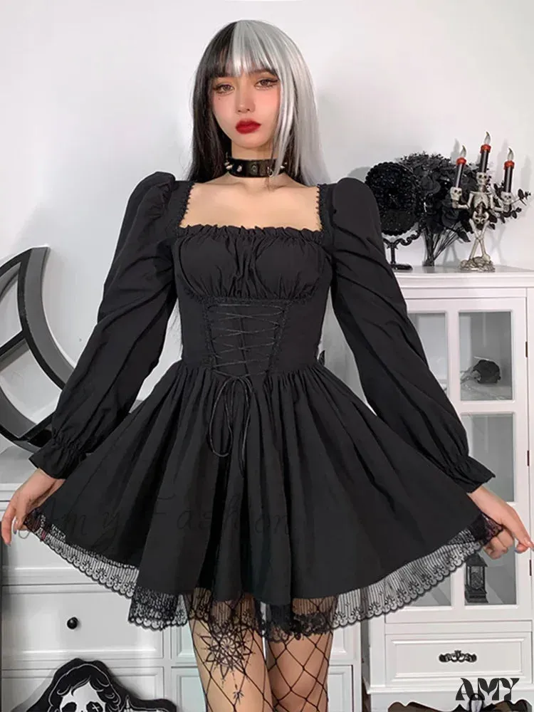 Party Slip Dress Sleeve Satin Sexy Harajuku Puff Spaghetti Square Mini Strap Lace Collar Vintage