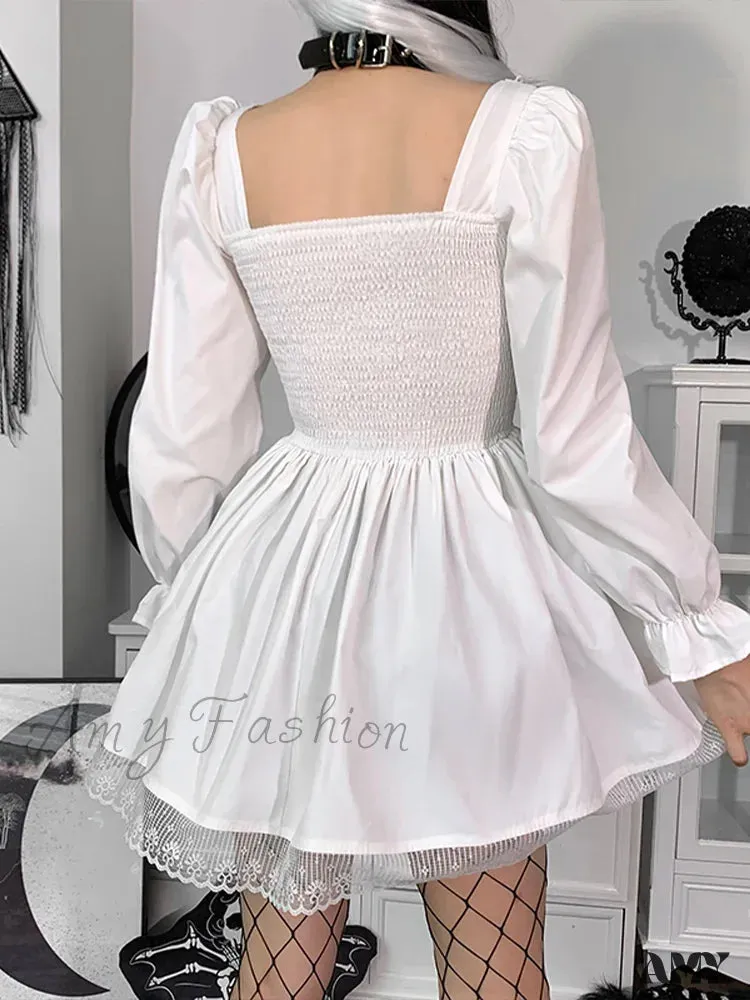 Party Slip Dress Sleeve Satin Sexy Harajuku Puff Spaghetti Square Mini Strap Lace Collar Vintage