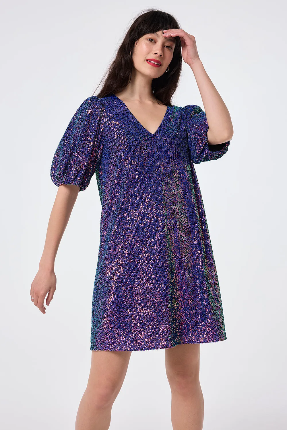 Purple Iridescent Sequin V-Neck Short Dress