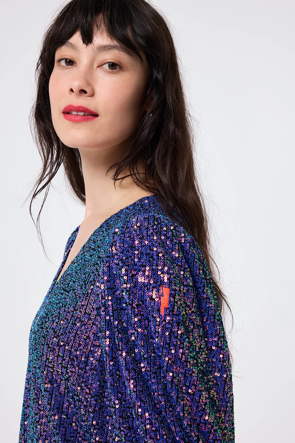 Purple Iridescent Sequin V-Neck Short Dress