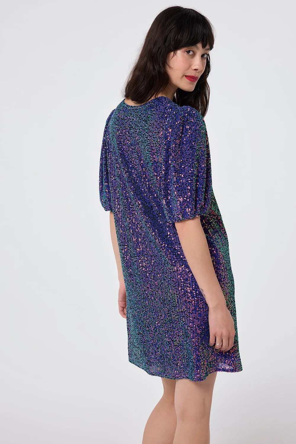 Purple Iridescent Sequin V-Neck Short Dress