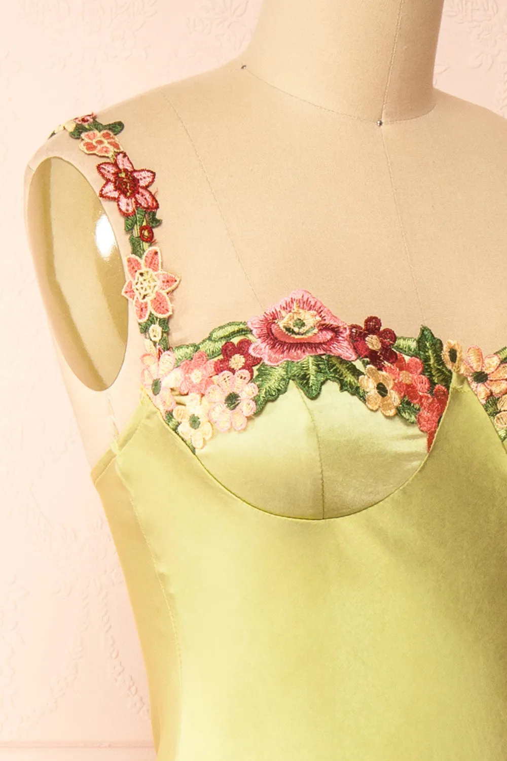 Ramona Green | Slip Dress w/ Floral Embroidery