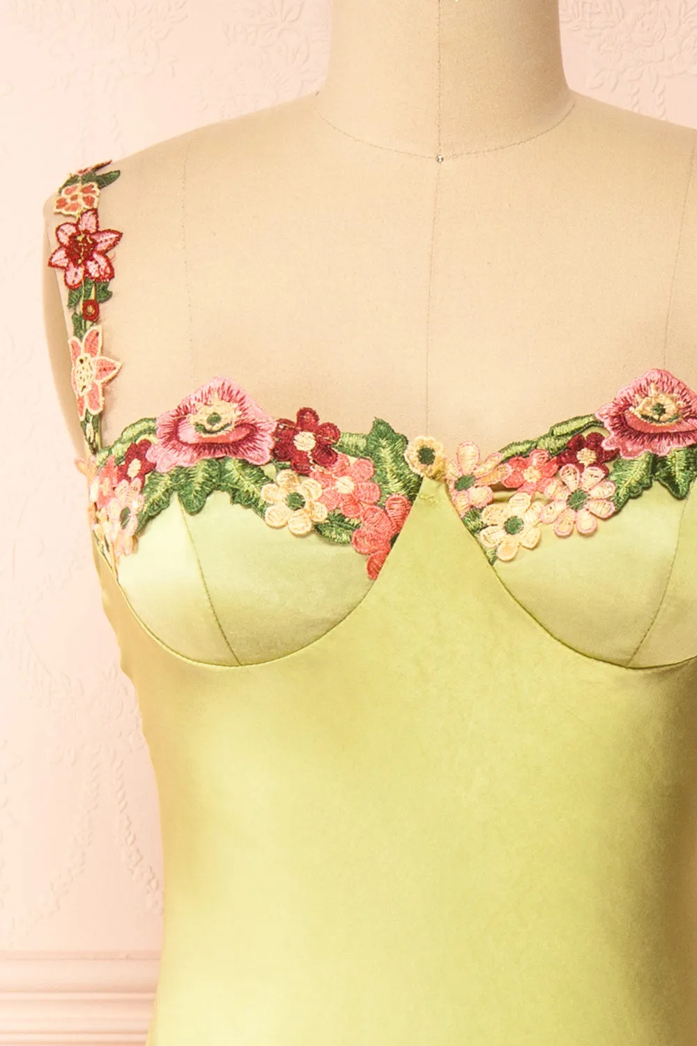 Ramona Green | Slip Dress w/ Floral Embroidery