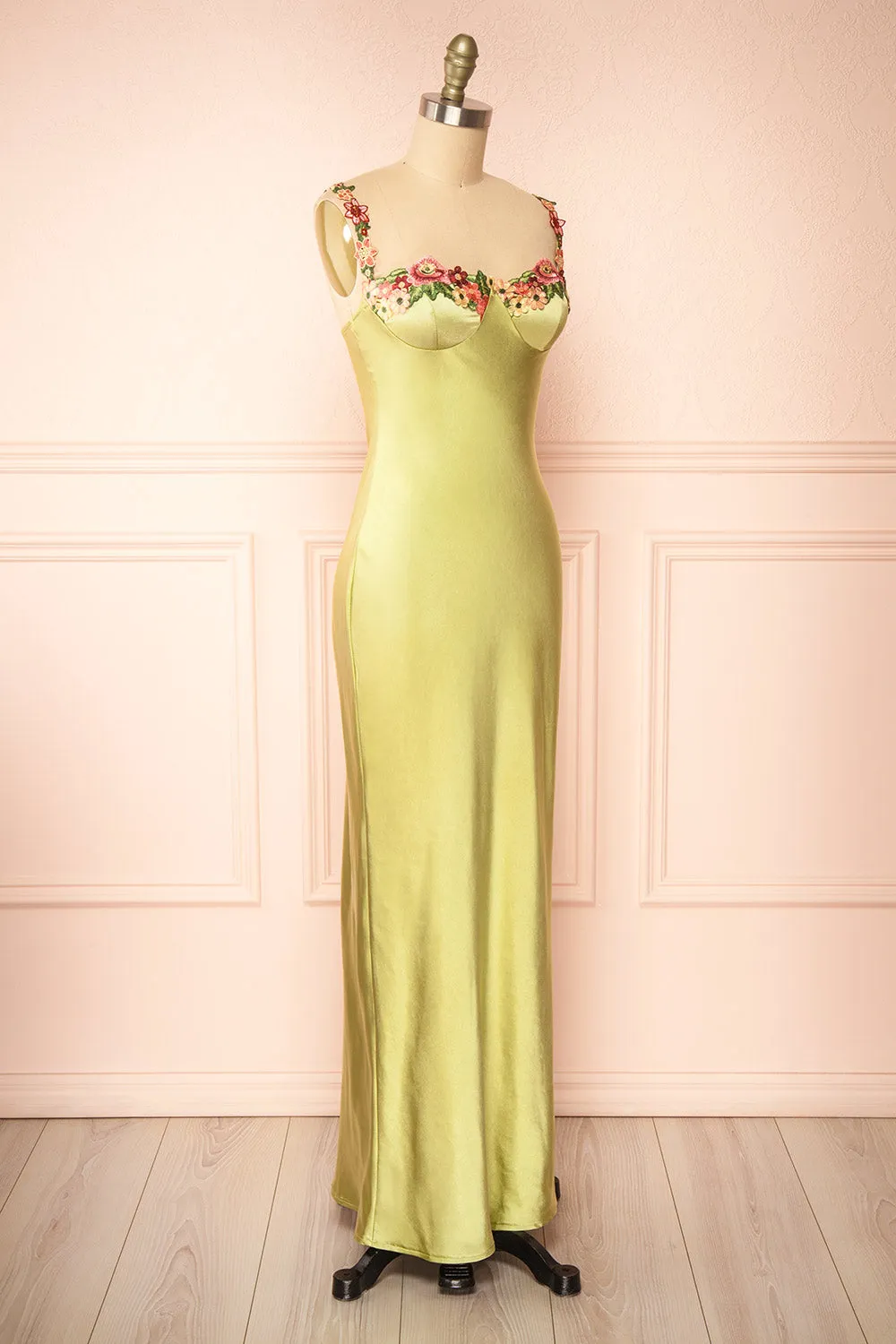 Ramona Green | Slip Dress w/ Floral Embroidery