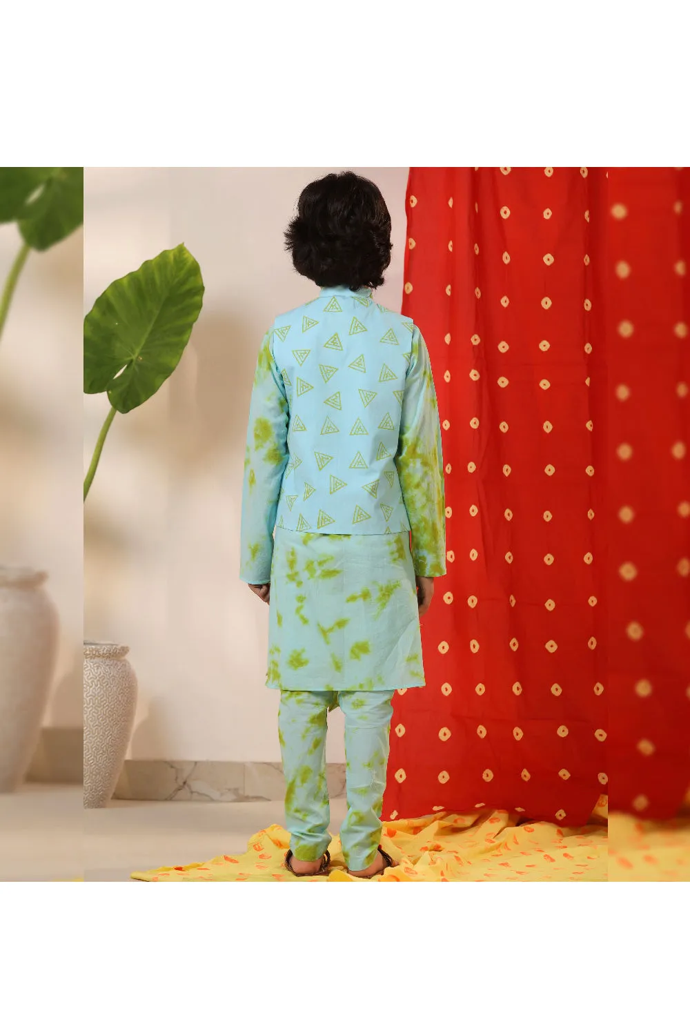 Sea Green Printed Asymmetrical Kurta With Jacket Set