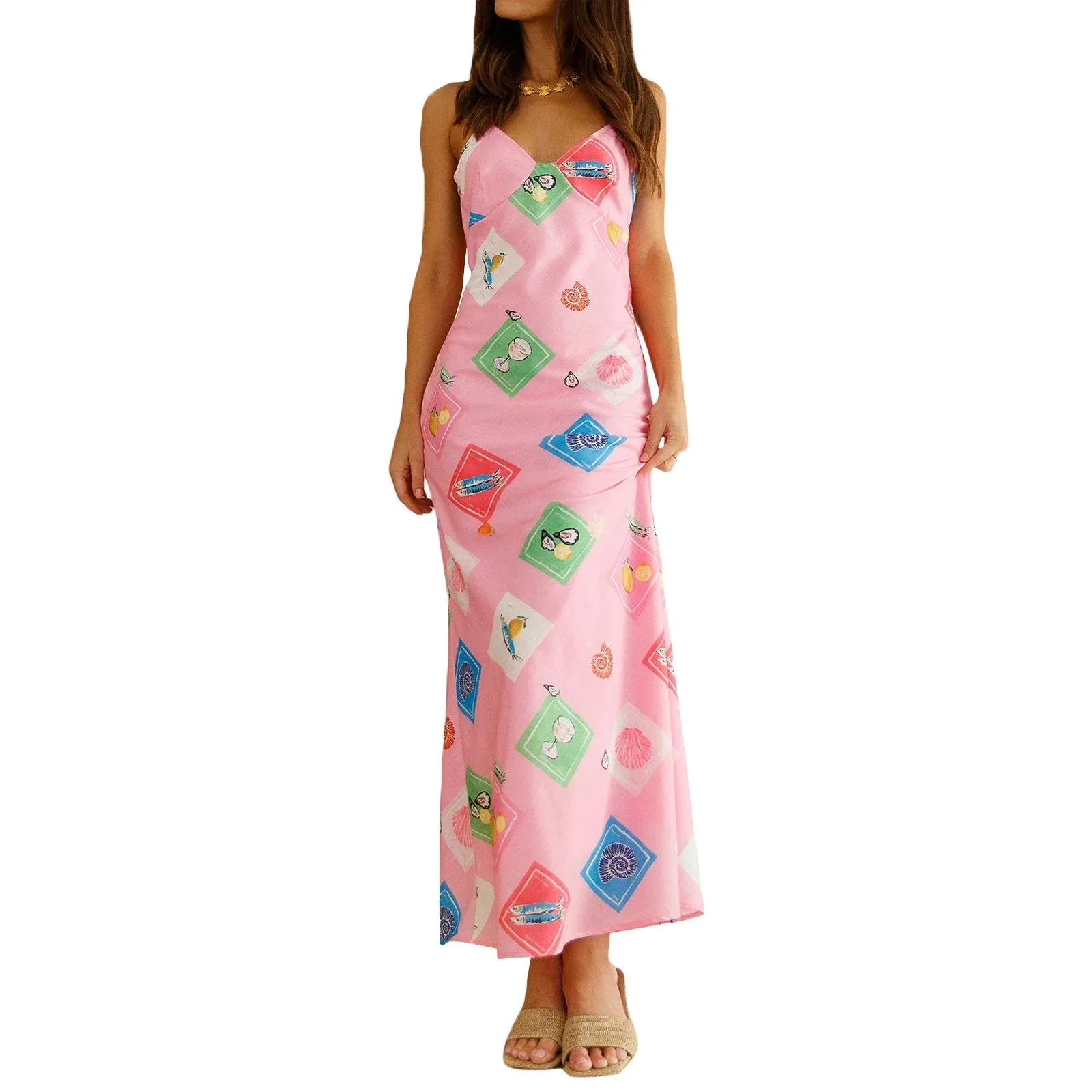 Slip Dress Spaghetti Straps V-neck Fruit Print Swing Summer Elegant Fashion Casual Women Dress