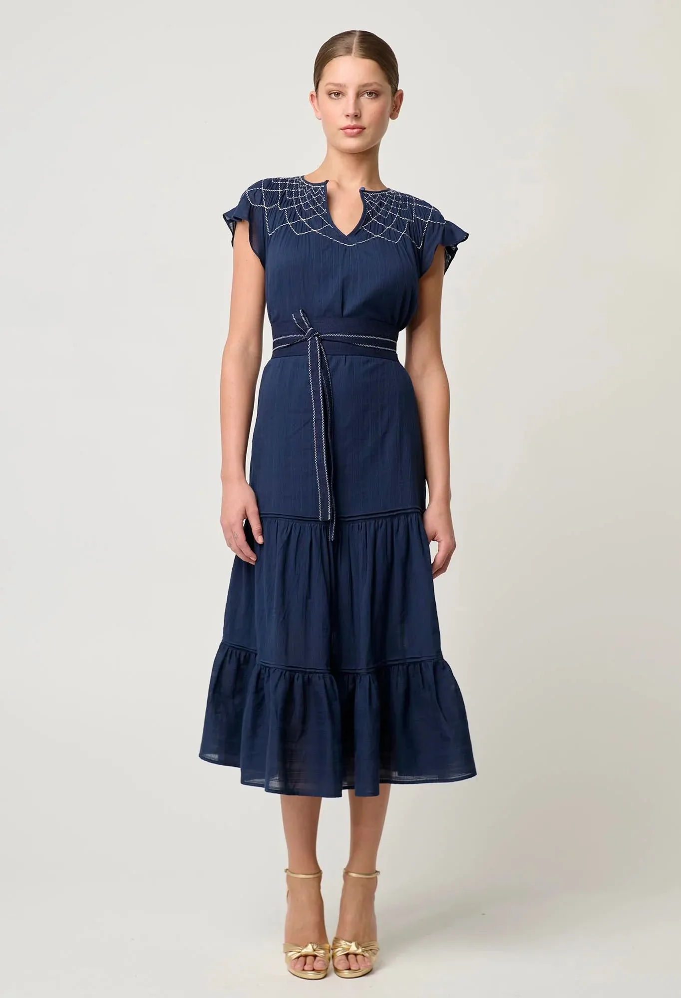 ST LUCIA COTTON SELF STRIPE SMOCKED DRESS | Ink
