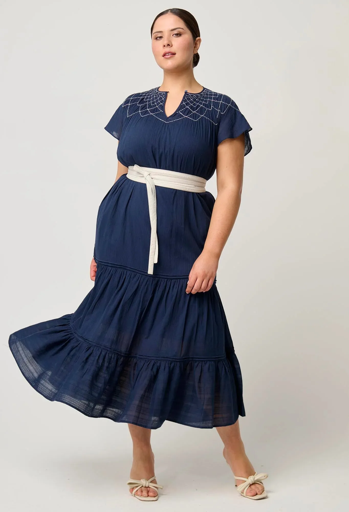 ST LUCIA COTTON SELF STRIPE SMOCKED DRESS | Ink
