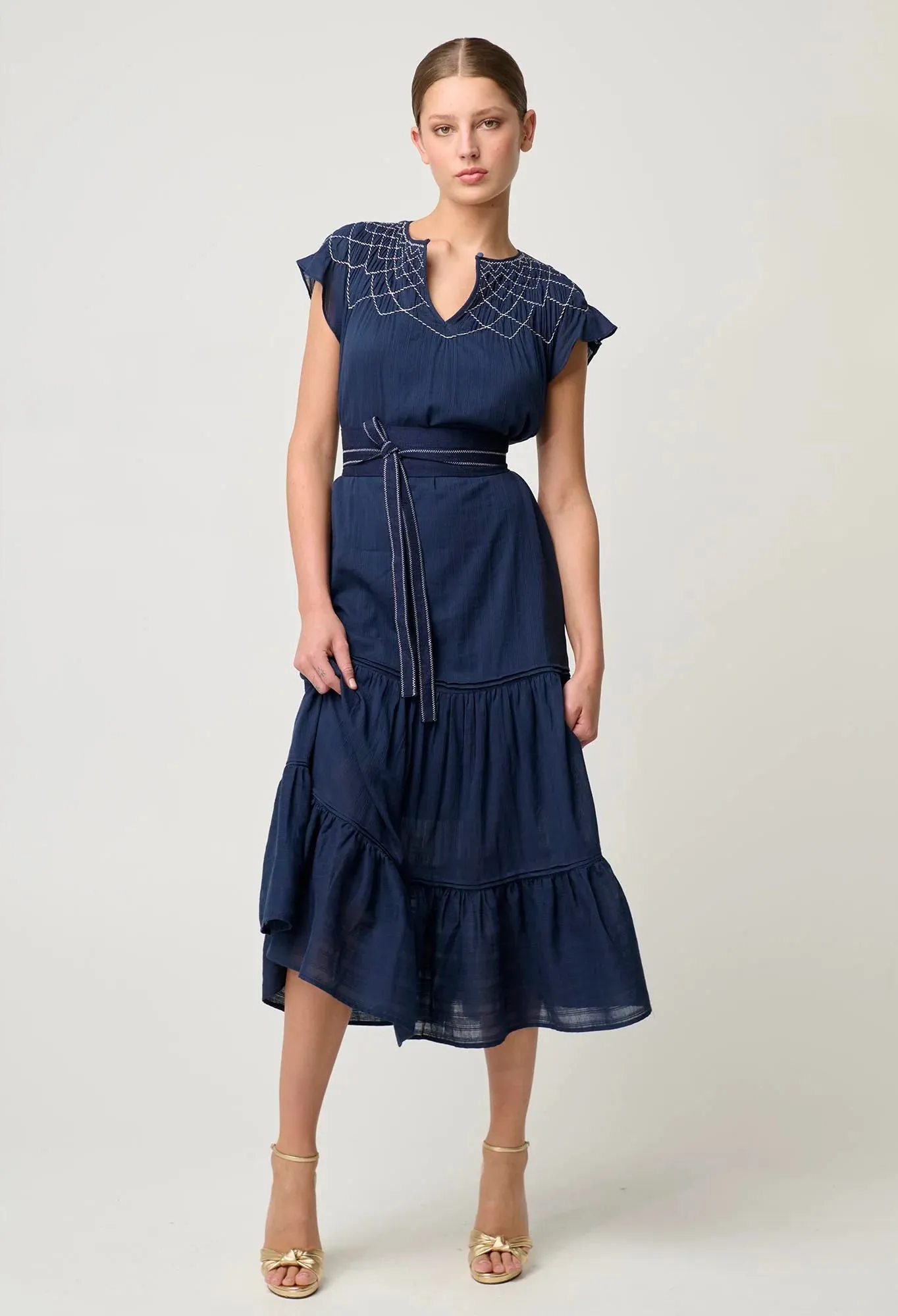 ST LUCIA COTTON SELF STRIPE SMOCKED DRESS | Ink