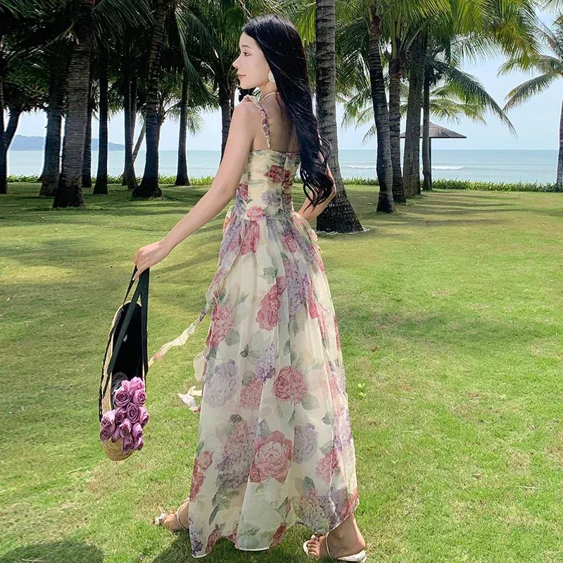 Summer Chiffon Beach Maxi Dress Women Fashion Print Floral Backless Bandage Slip Dress Elegant Evening Party Fairy Dresses