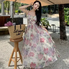 Summer Chiffon Beach Maxi Dress Women Fashion Print Floral Backless Bandage Slip Dress Elegant Evening Party Fairy Dresses