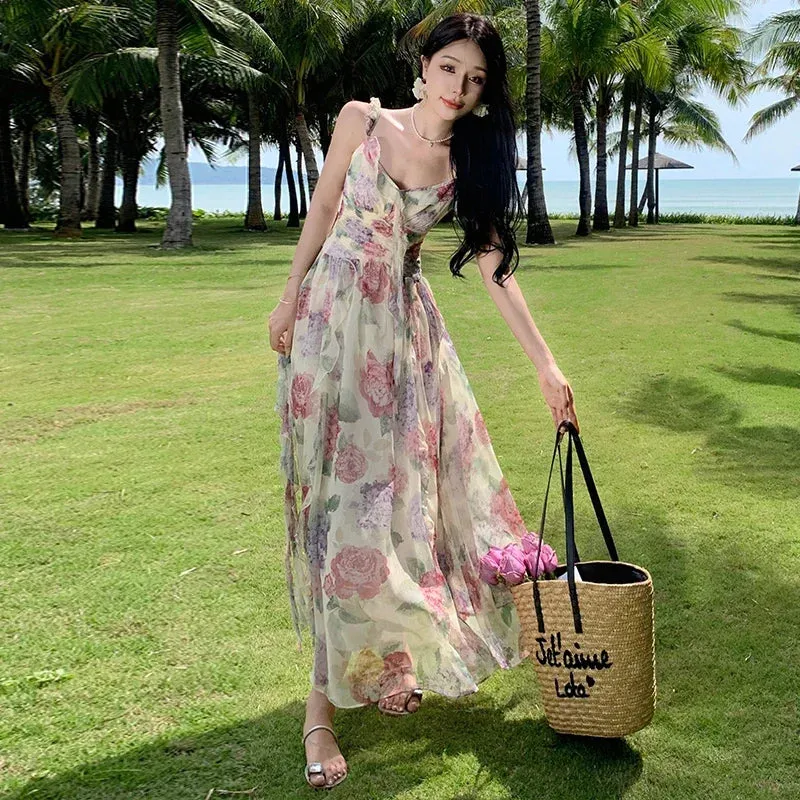 Summer Chiffon Beach Maxi Dress Women Fashion Print Floral Backless Bandage Slip Dress Elegant Evening Party Fairy Dresses