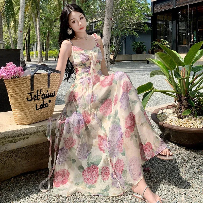 Summer Chiffon Beach Maxi Dress Women Fashion Print Floral Backless Bandage Slip Dress Elegant Evening Party Fairy Dresses
