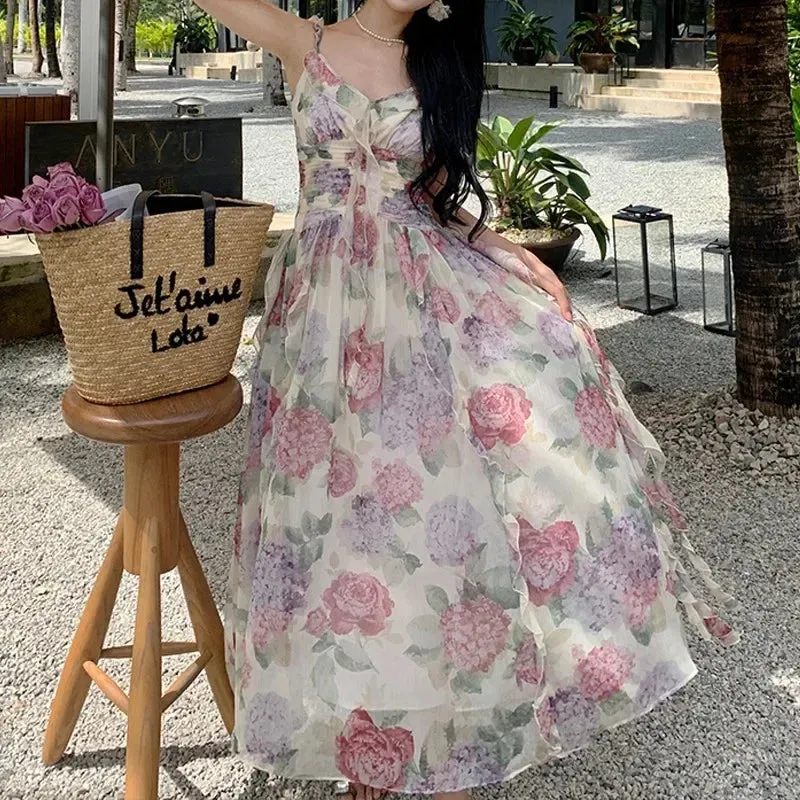 Summer Chiffon Beach Maxi Dress Women Fashion Print Floral Backless Bandage Slip Dress Elegant Evening Party Fairy Dresses
