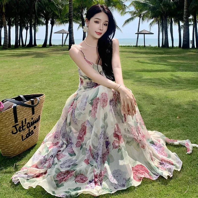 Summer Chiffon Beach Maxi Dress Women Fashion Print Floral Backless Bandage Slip Dress Elegant Evening Party Fairy Dresses