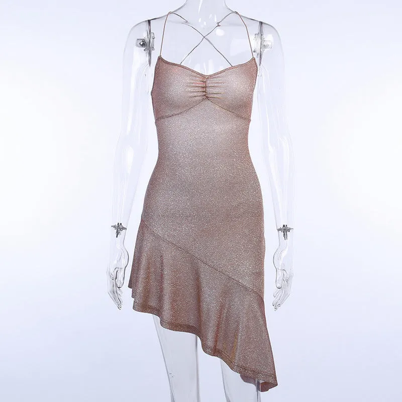 Vevesc frat outfits Slip-on Shiny Backless Lace-up Dress Oblique Evening Dress Women's Summer Slim-Fit Nightclub Bottoming Hip Skirt Fashion