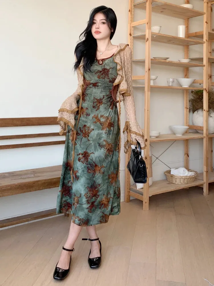 Vintage Elegant Floral Slip 2 Piece Sets Women Hollow Out Y2k Designer Velvet Long Dress Female Korea Fashion Chic Clothes