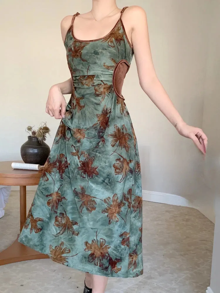 Vintage Elegant Floral Slip 2 Piece Sets Women Hollow Out Y2k Designer Velvet Long Dress Female Korea Fashion Chic Clothes
