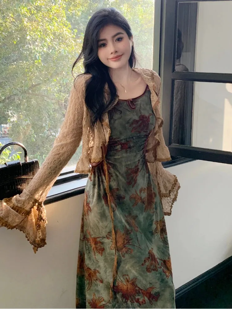 Vintage Elegant Floral Slip 2 Piece Sets Women Hollow Out Y2k Designer Velvet Long Dress Female Korea Fashion Chic Clothes