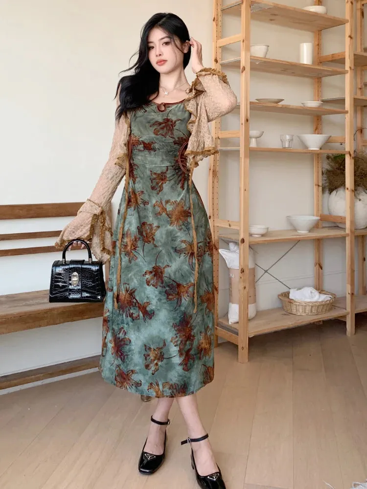 Vintage Elegant Floral Slip 2 Piece Sets Women Hollow Out Y2k Designer Velvet Long Dress Female Korea Fashion Chic Clothes