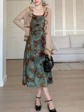 Vintage Elegant Floral Slip 2 Piece Sets Women Hollow Out Y2k Designer Velvet Long Dress Female Korea Fashion Chic Clothes