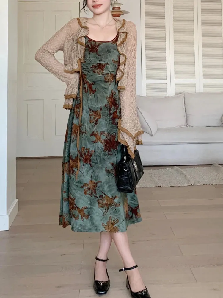 Vintage Elegant Floral Slip 2 Piece Sets Women Hollow Out Y2k Designer Velvet Long Dress Female Korea Fashion Chic Clothes