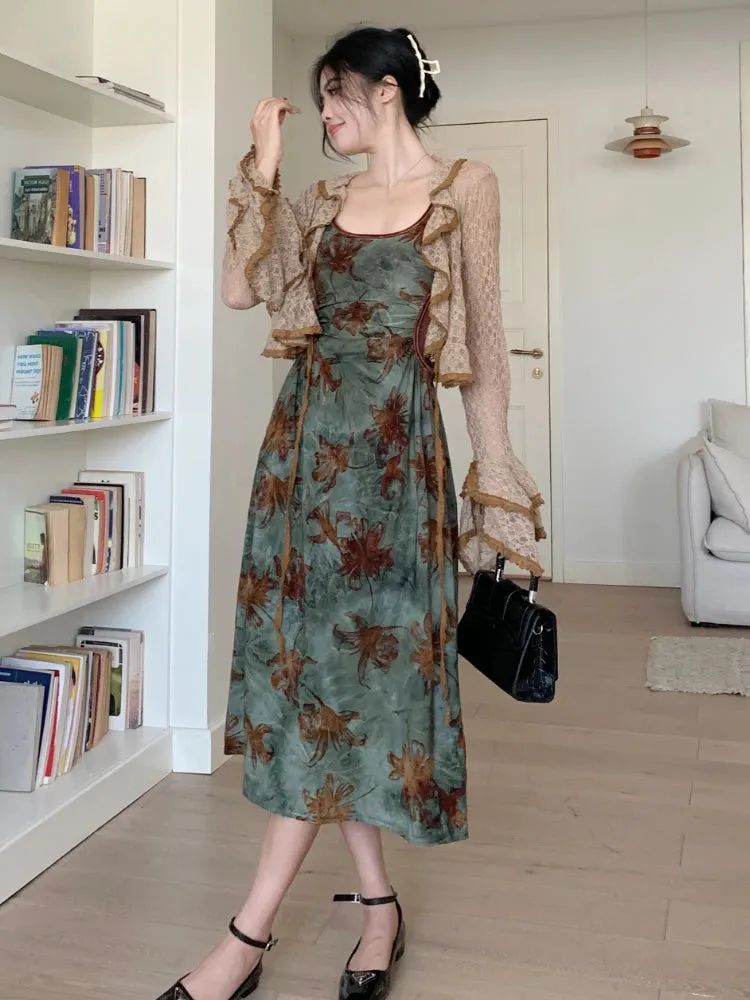 Vintage Elegant Floral Slip 2 Piece Sets Women Hollow Out Y2k Designer Velvet Long Dress Female Korea Fashion Chic Clothes