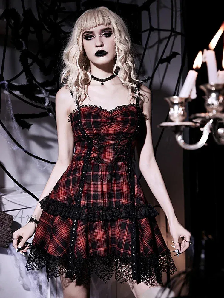 Vintage Eyelet Dress Prom Slip Dress Lace Cake Red Double Zipper Mini Trim Backless Sleeveless Plaid