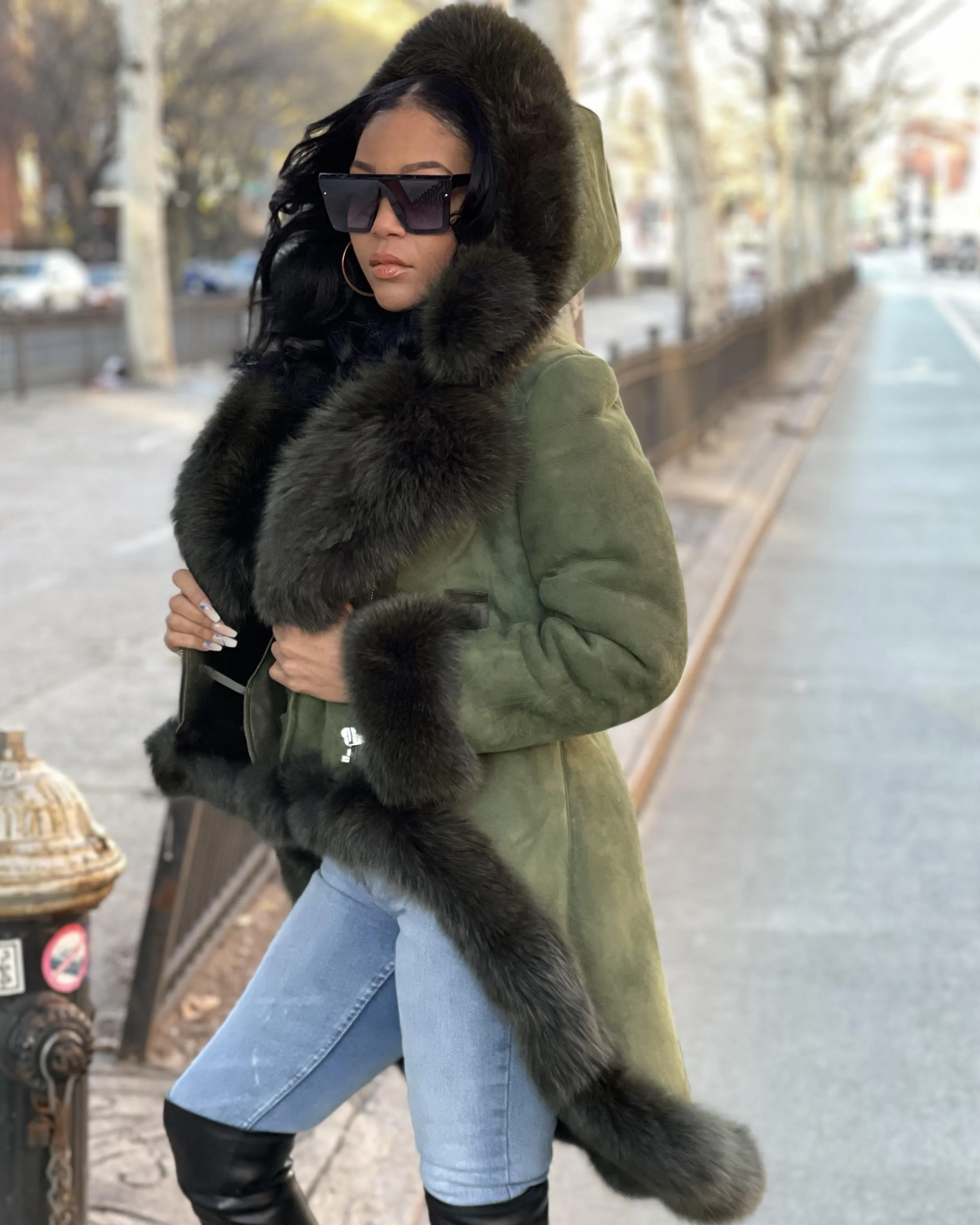 WOMEN SHEARLING- GREEN LONG LENGTH WITH GREEN FOX FUR