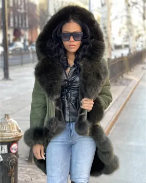 WOMEN SHEARLING- GREEN LONG LENGTH WITH GREEN FOX FUR