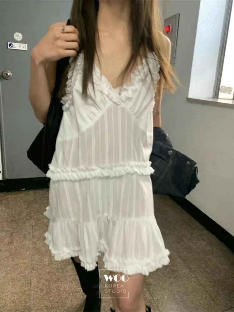 Women Thin Lace Up Solid Mini Dress Vintage Slip Edge of Fungus Lace Suspender Dresses for Women Sweet Cute Vestidos