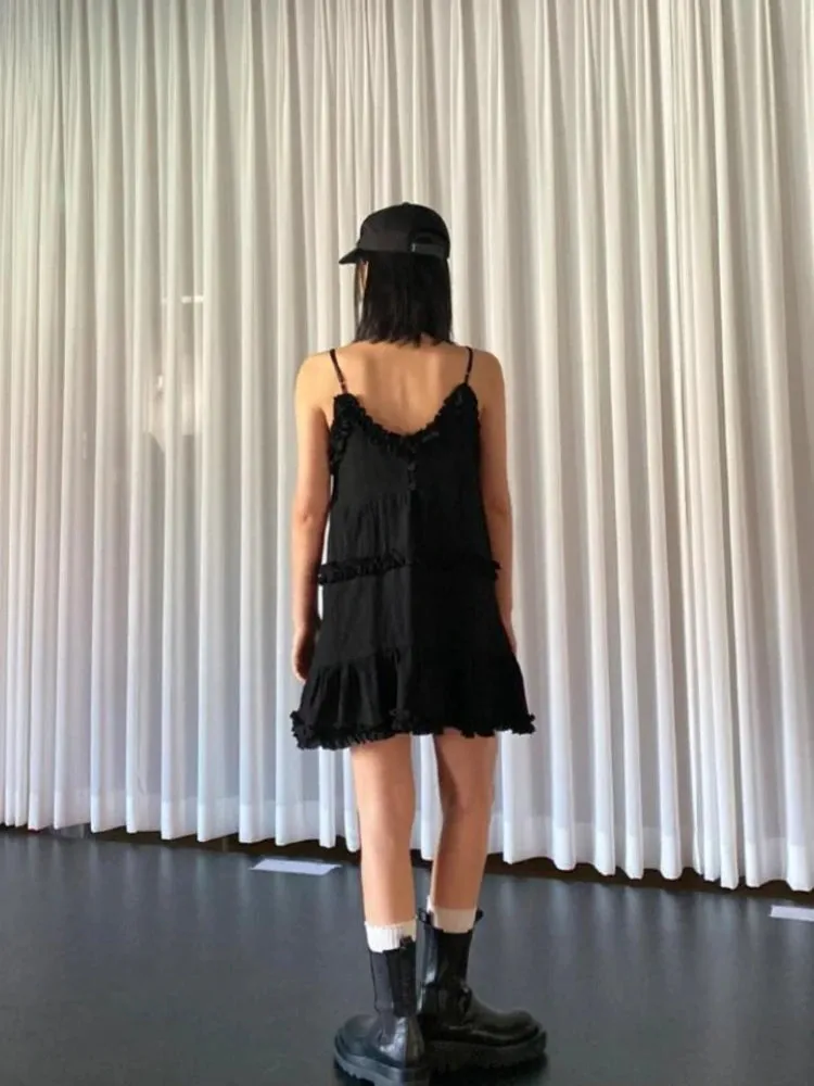 Women Thin Lace Up Solid Mini Dress Vintage Slip Edge of Fungus Lace Suspender Dresses for Women Sweet Cute Vestidos