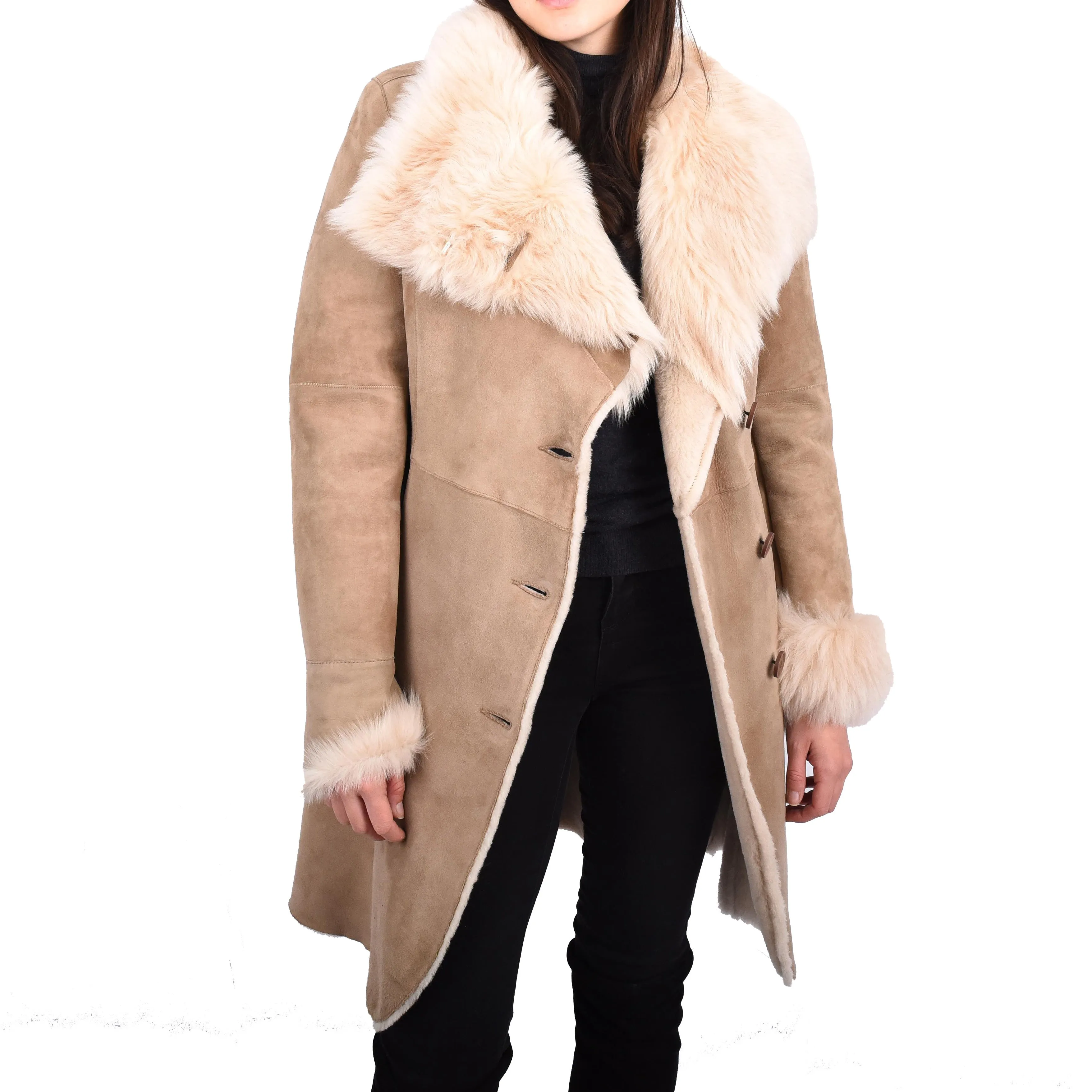 Womens Genuine Suede Merino Shearling Coat Toscana Collar Erika Beige