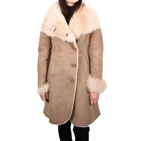 Womens Genuine Suede Merino Shearling Coat Toscana Collar Erika Beige