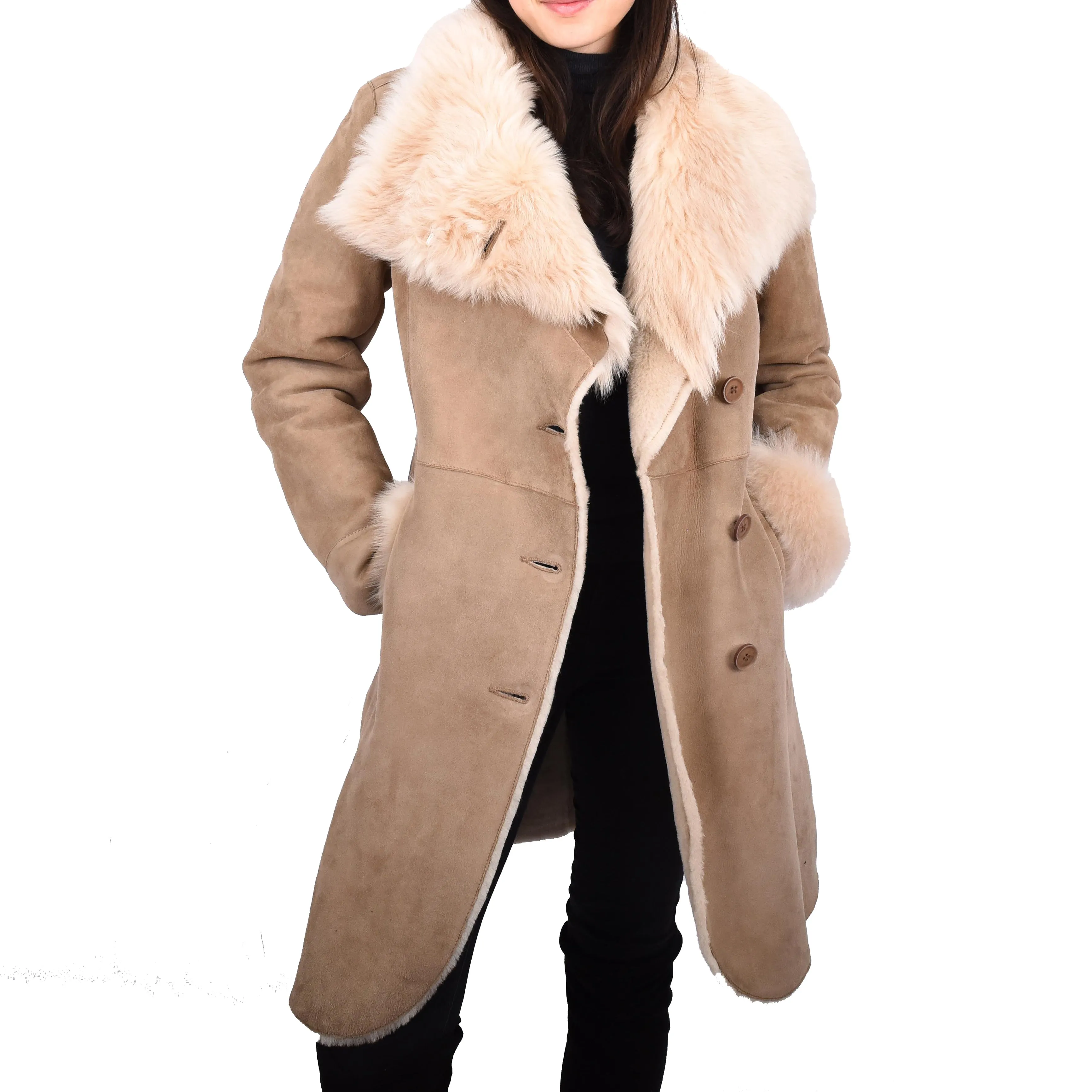 Womens Genuine Suede Merino Shearling Coat Toscana Collar Erika Beige
