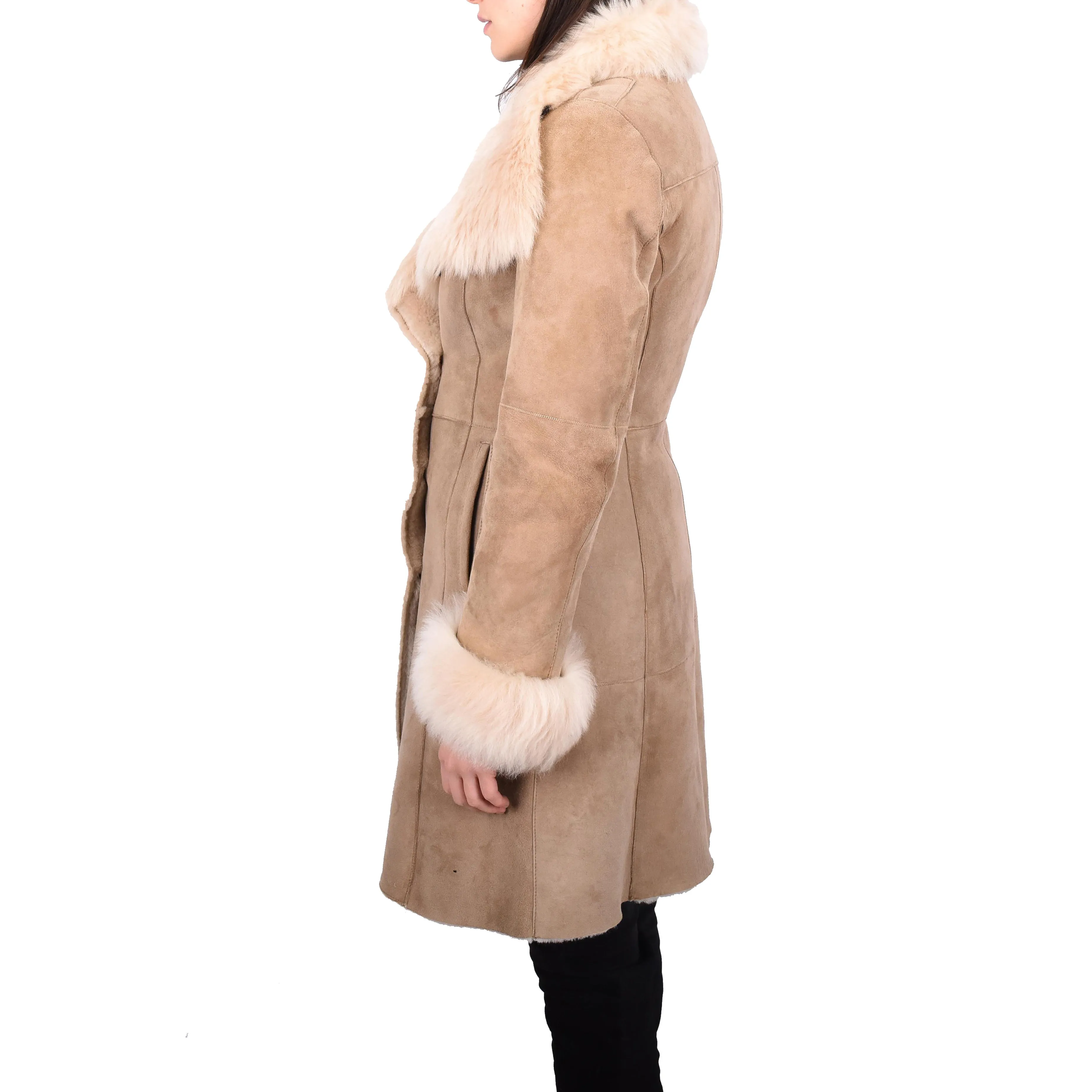 Womens Genuine Suede Merino Shearling Coat Toscana Collar Erika Beige