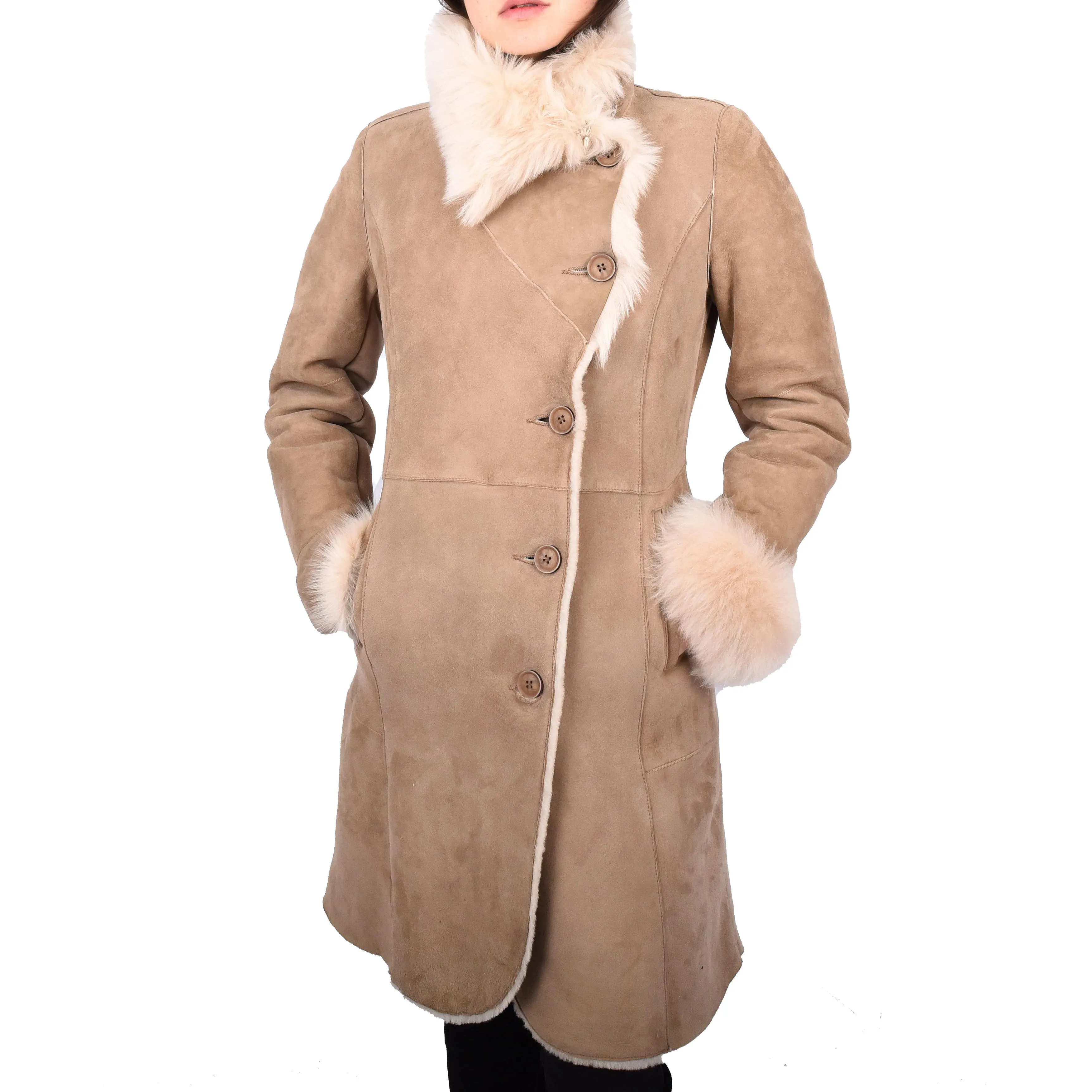 Womens Genuine Suede Merino Shearling Coat Toscana Collar Erika Beige