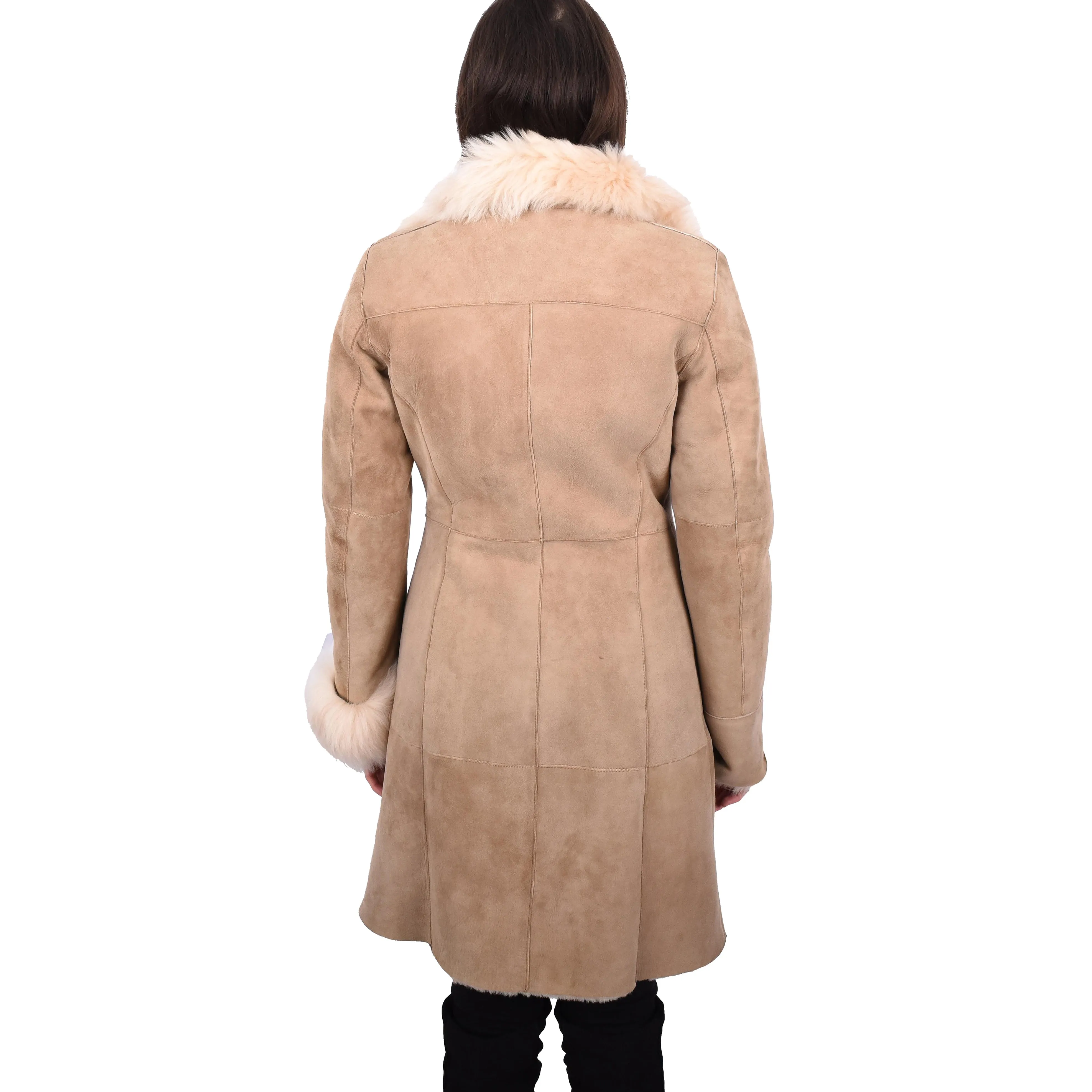 Womens Genuine Suede Merino Shearling Coat Toscana Collar Erika Beige